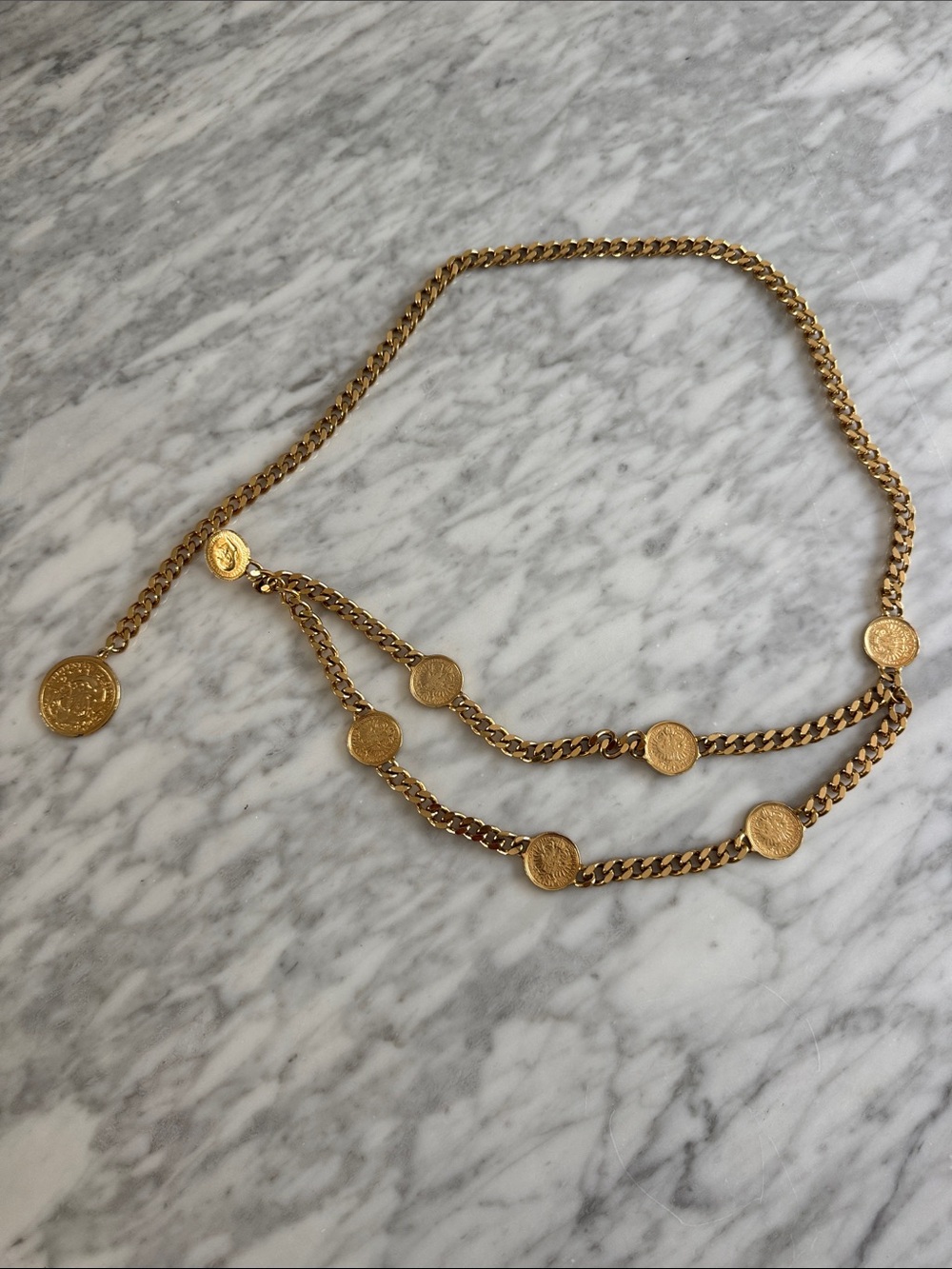 Gold tone “coin” chain belt. Adjustable size. New. - Picture 5 of 9